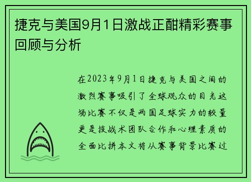 捷克与美国9月1日激战正酣精彩赛事回顾与分析
